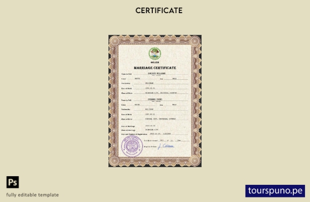 Plantilla PSD de certificado de matrimonio de Belice lista para imprimir